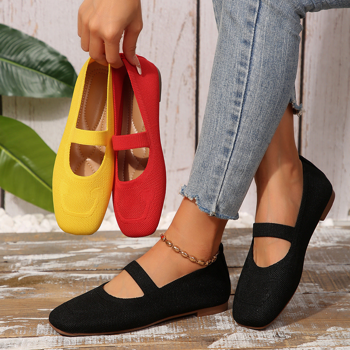 Damen atmungsaktive Ballerinas mit flexiblem Gummi-Obermaterial und verstellbarem Riemen R&B