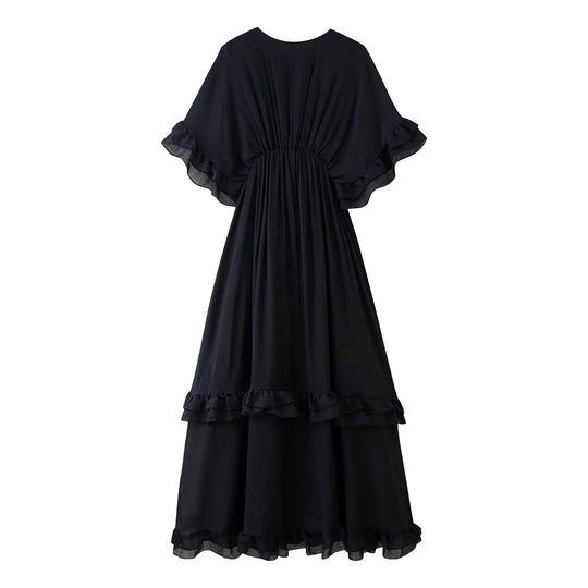 Damen Maxikleid mit voluminösen Rüschendetails und elegantem V-Ausschnitt R&B