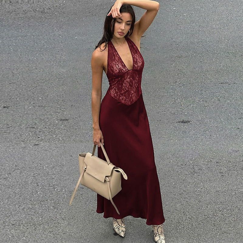 Damen Elegantes Maxikleid mit tiefem V-Ausschnitt und Spitzeneinsatz R&B