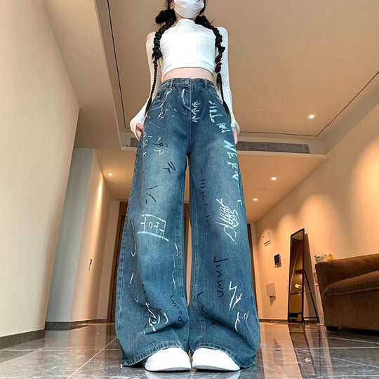 Damen Weite Jeanshose mit kreativem Graffiti-Design R&B