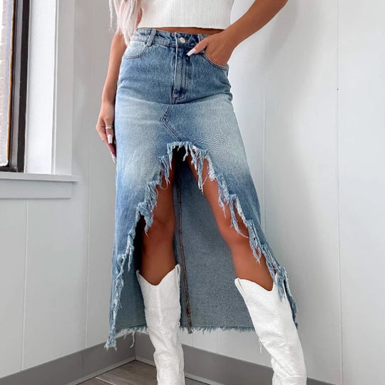 Damen Midilange Jeansrock mit teils fransigem Saum und hohem Schlitz R&B