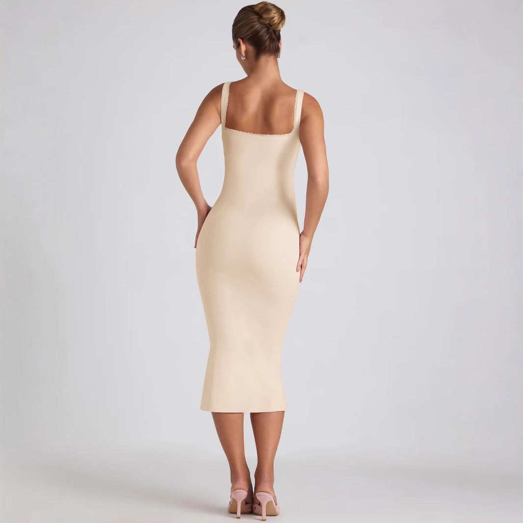 Damen figurbetontes Midikleid mit quadratischem Ausschnitt und Spitzenakzenten R&B