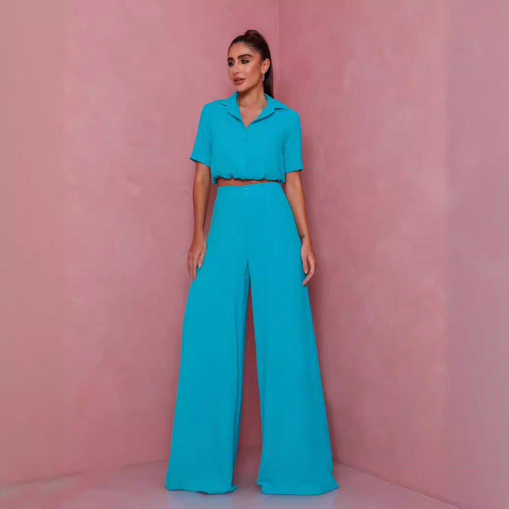 Damen Elegantes Kurzarm-Blusen und Palazzo-Hosen-Ensemble R&B