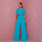 Damen Elegantes Kurzarm-Blusen und Palazzo-Hosen-Ensemble R&B