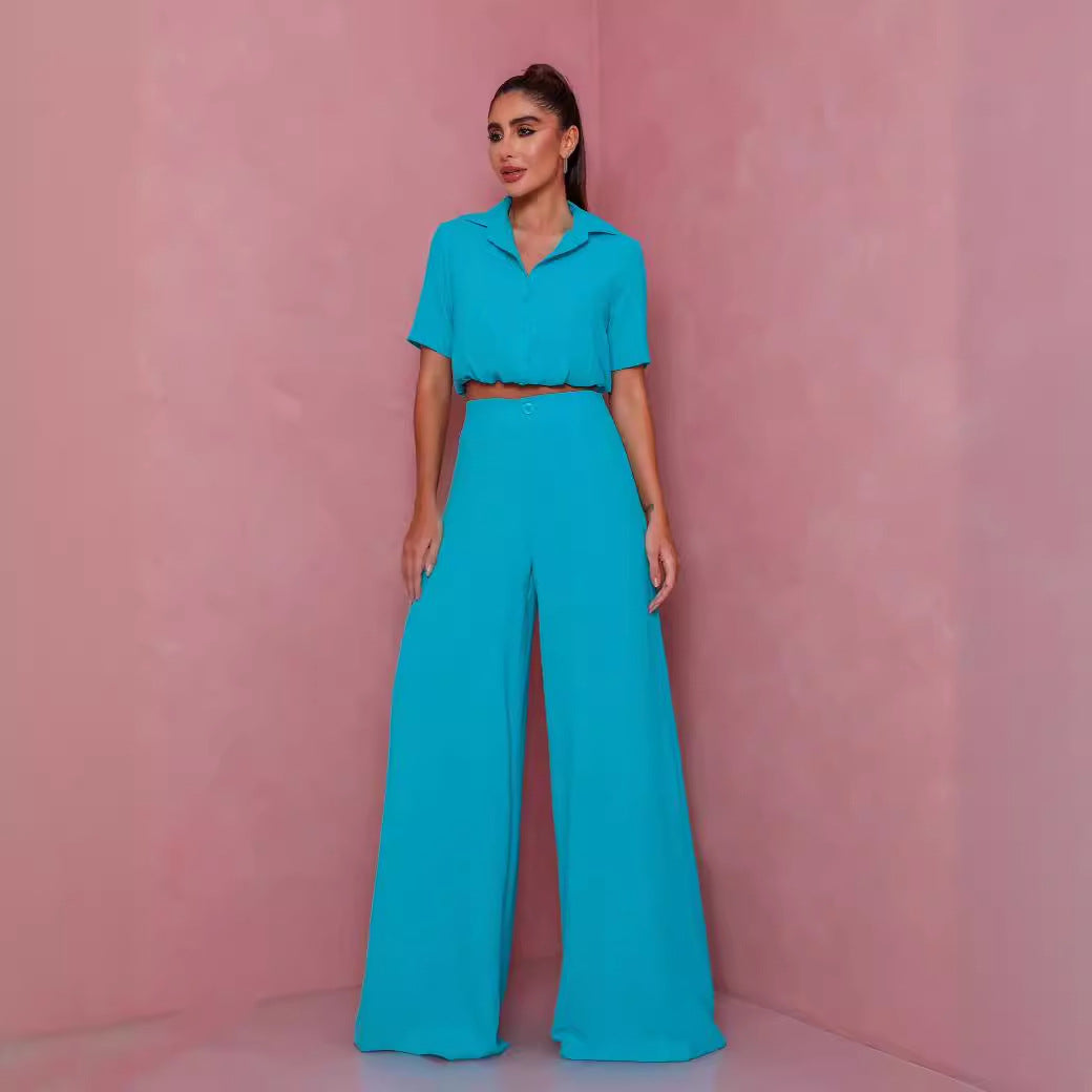 Damen Elegantes Kurzarm-Blusen und Palazzo-Hosen-Ensemble R&B