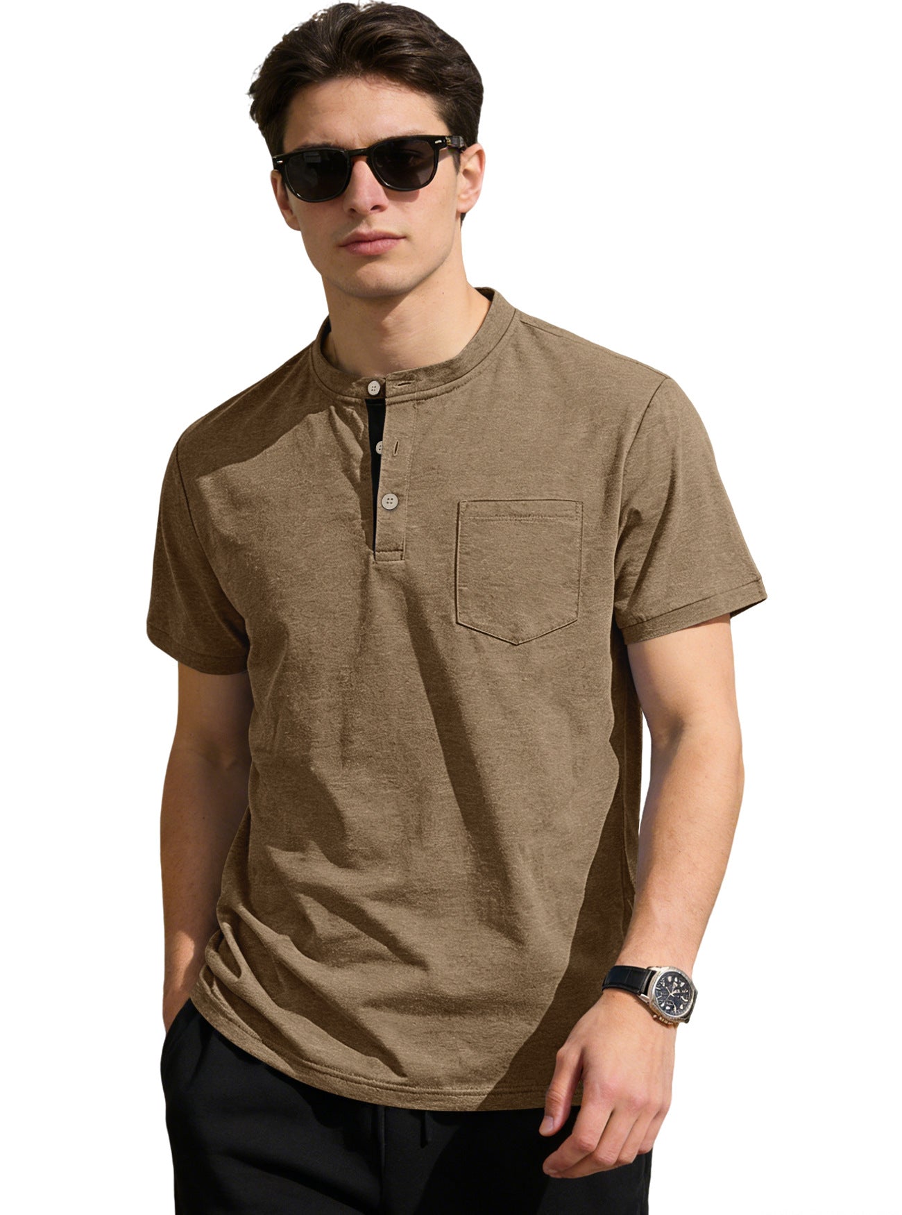 Herren nan strukturiertes Baumwoll-Henleyshirt mit kurzem Stehkragen Knopfleiste und Brusttasche R&B
