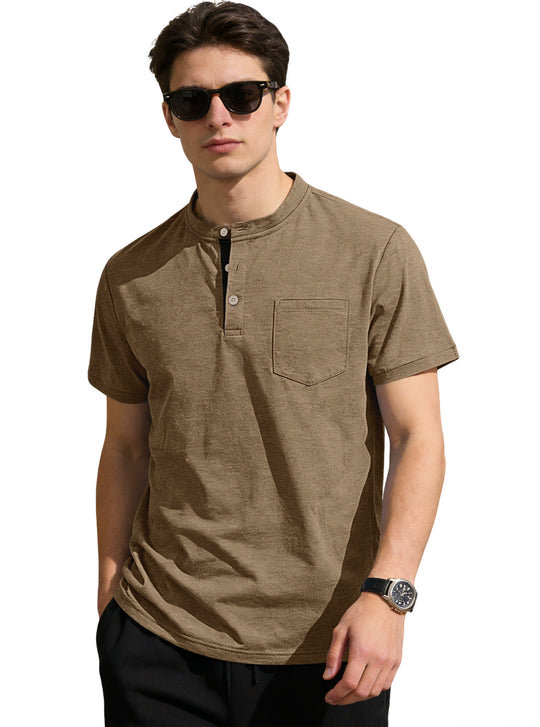 Herren nan strukturiertes Baumwoll-Henleyshirt mit kurzem Stehkragen Knopfleiste und Brusttasche R&B