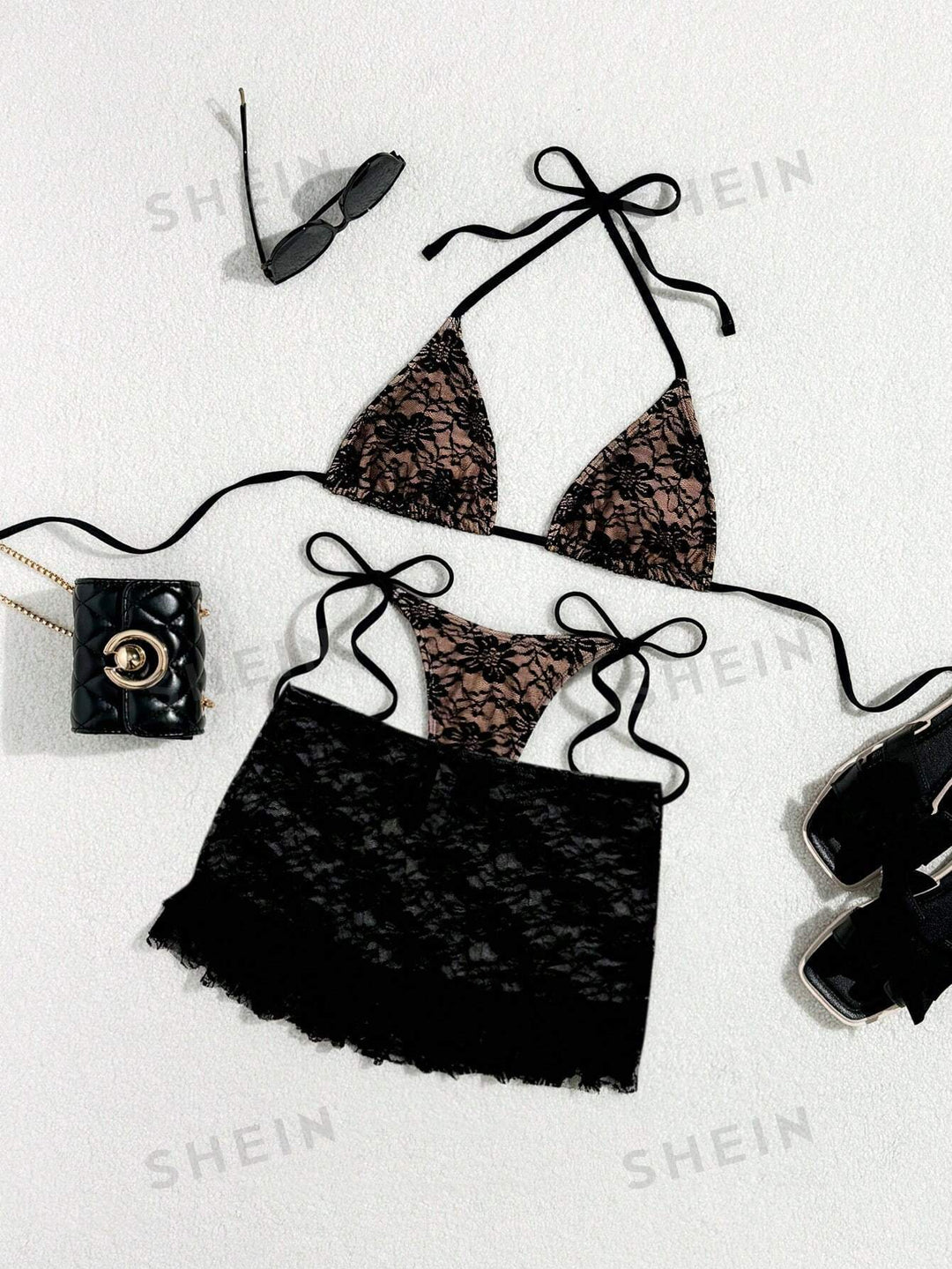 Damen Spitzen-Bikini mit floralem Design und fließendem Rock R&B