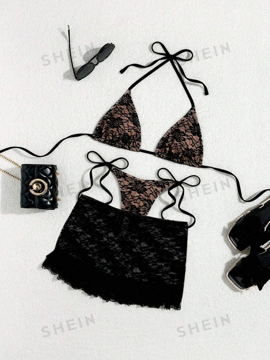 Damen Spitzen-Bikini mit floralem Design und fließendem Rock R&B