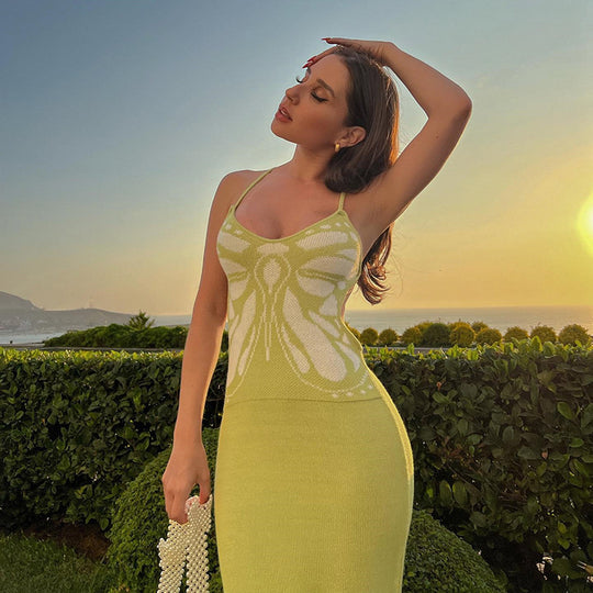 Damen Strickkleid mit floralem Design und Spaghettiträgern R&B