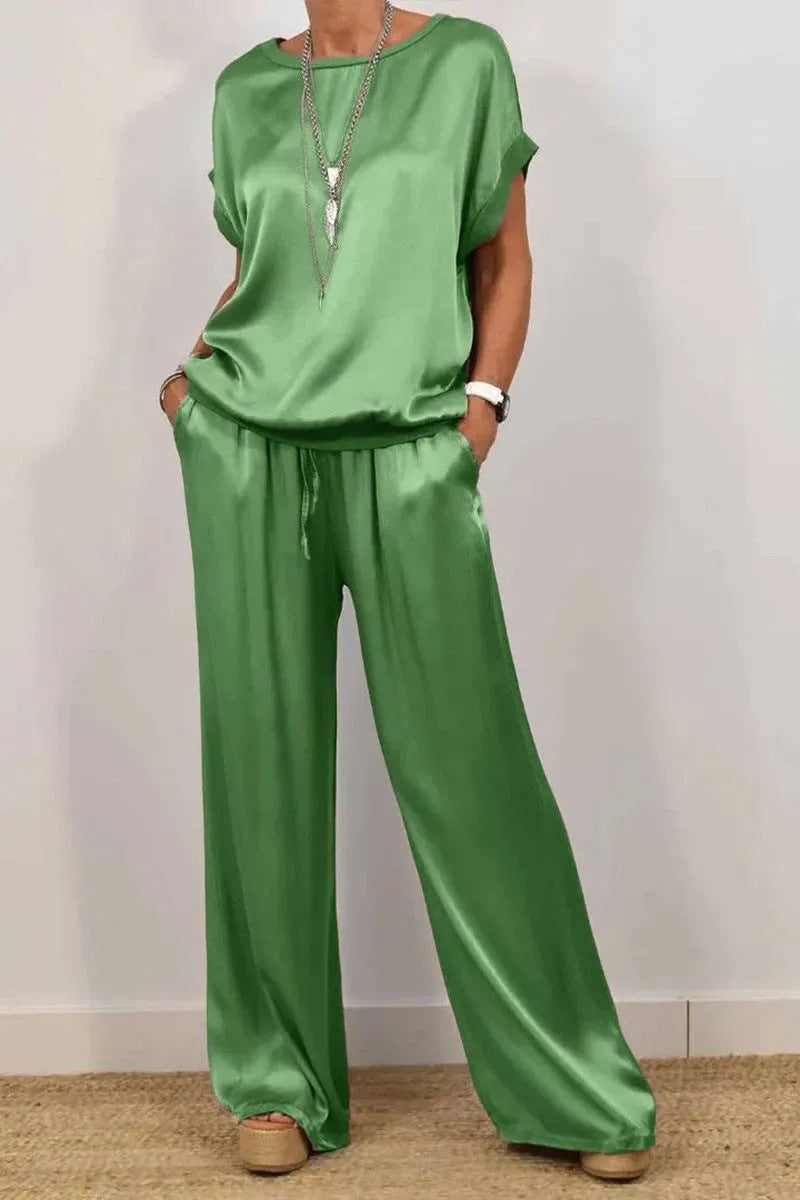 Damen Elegantes Satin Lounge-Set mit weitem Schnitt und lässigem Oberteil R&B