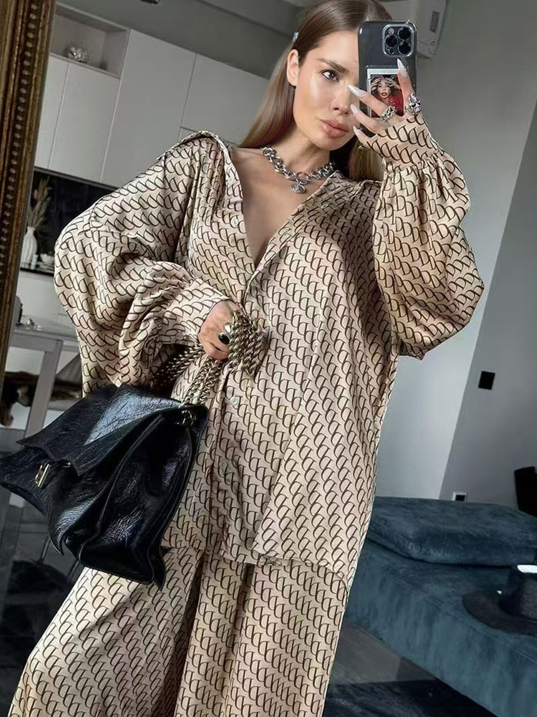Damen Blusenset mit modernem geometrischem Muster und lässigem Schnitt R&B