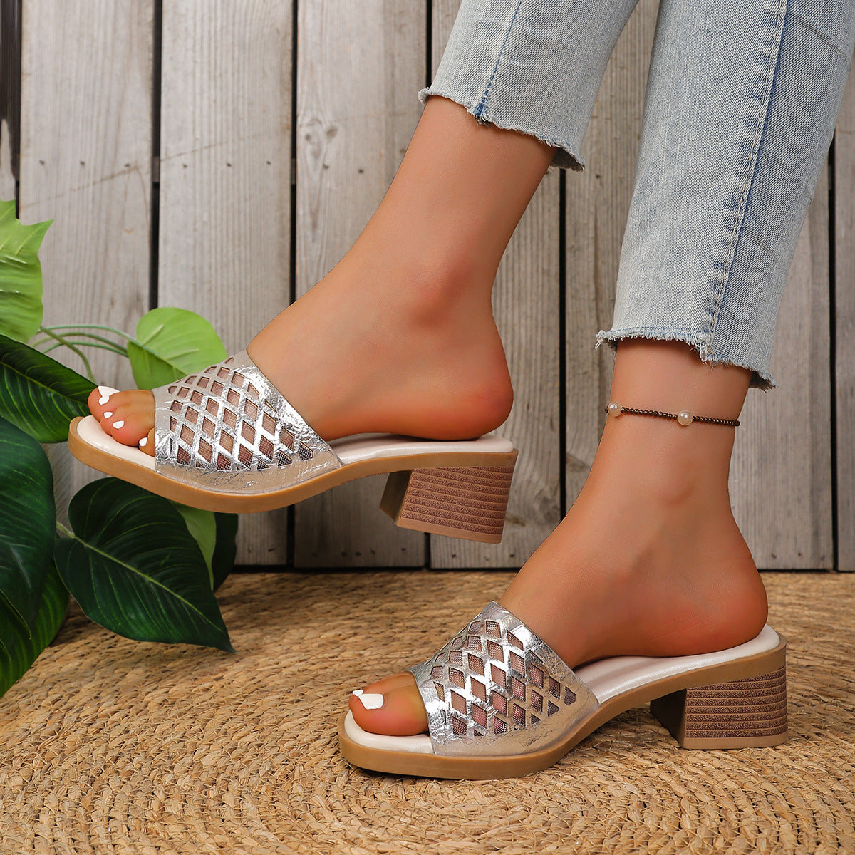 Damen Offene Wedge-Pantoletten mit modischem Netzdesign R&B