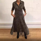 Damen nan fließendes Maxikleid mit Hemdblusenkragen, V-Ausschnitt, dreiviertelärmeln und Seitentaschen R&B