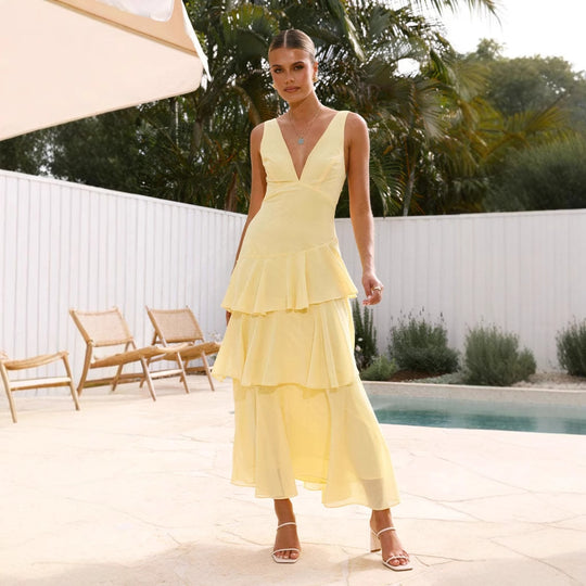 Damen Maxi-Kleid mit eleganten Volants und tiefem V-Ausschnitt R&B