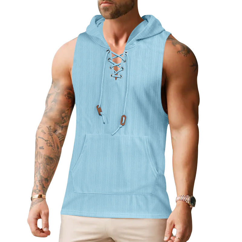 Herren ärmelloses Kapuzenshirt mit modischem Schnürdesign und praktischer Kängurutasche R&B