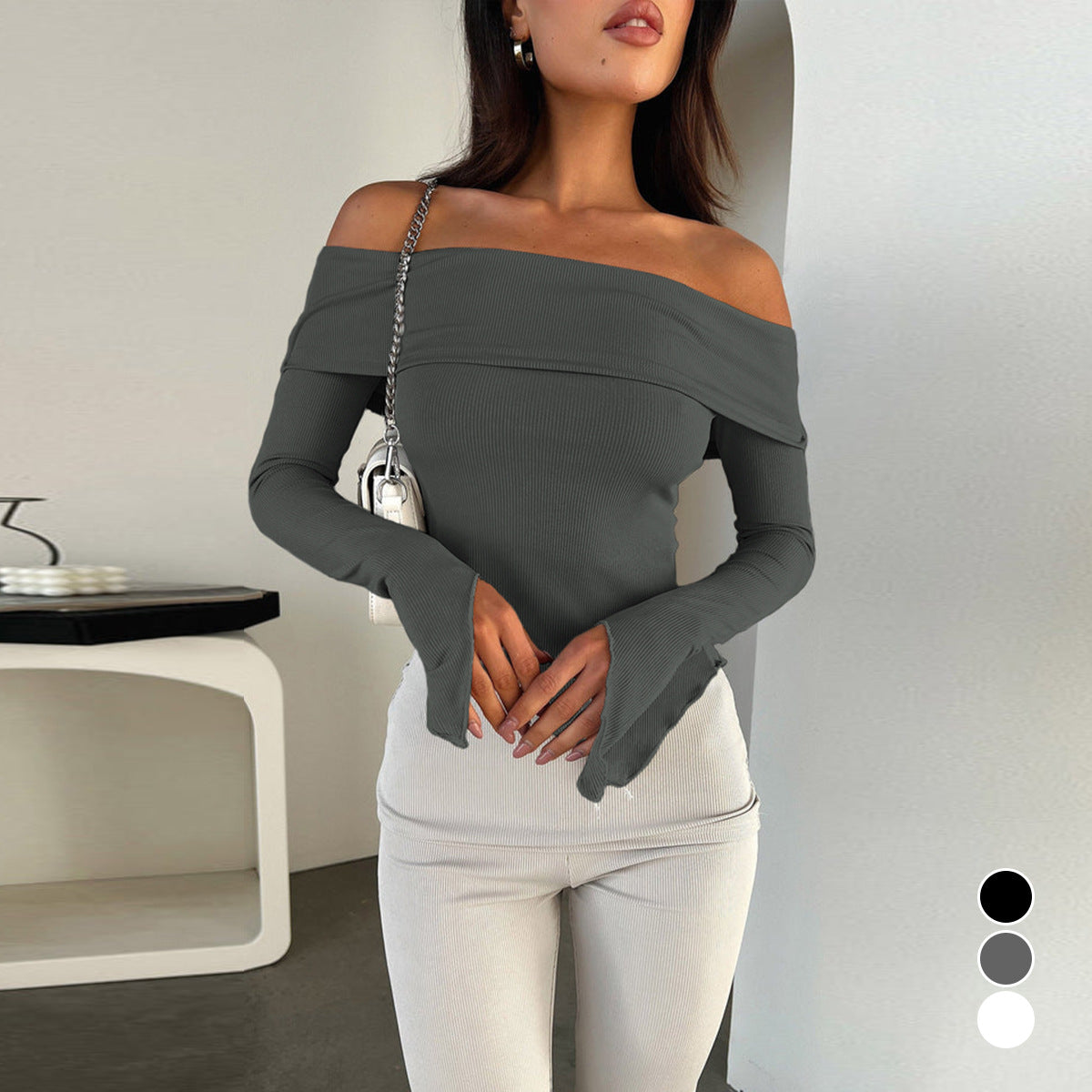 Damen Off-Shoulder Shirt mit eleganten Trompetenärmeln