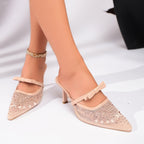 Damen elegante spitze Mules mit funkelnden Strasssteinen R&B