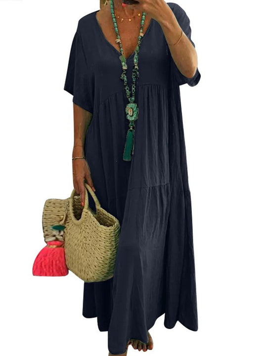 Damen luftiges Boho-Maxikleid mit schwingendem Saum und tiefem V-Ausschnitt R&B