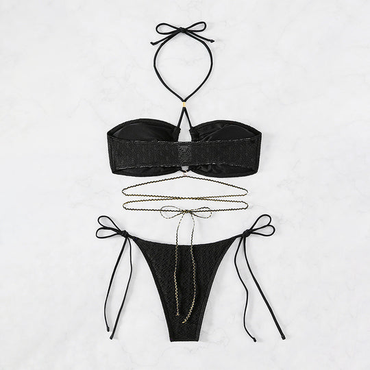 Damen Bandeau-Bikini mit verstellbaren Bindebändern und goldenen Akzenten R&B
