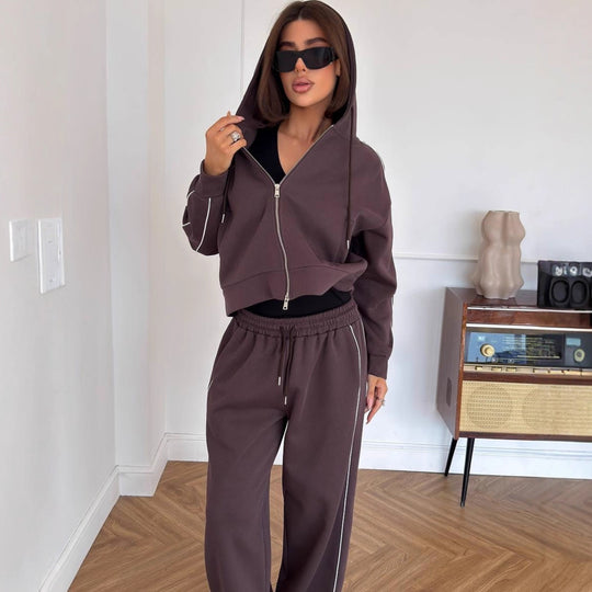 Damen sportliches Freizeit-Set aus trendigem Hoodie und weitem Stoffhose R&B