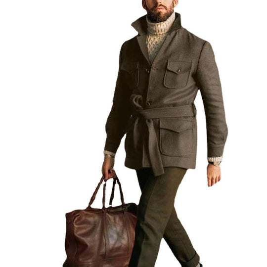 Herren multifunktionale Wool-Jacke mit Gürtel und Taschen R&B
