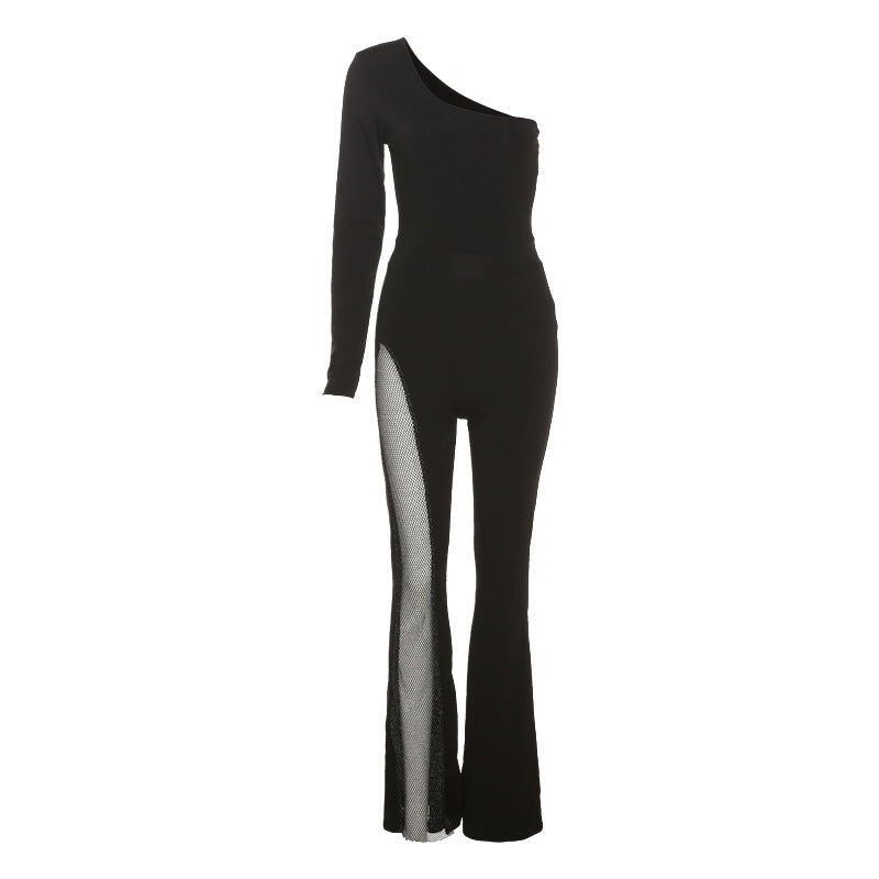 Damen edler Sport-Jumpsuit mit asymmetrischem Schnitt und Mesh-Einsätzen R&B