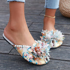 Damen Pantoletten mit floralem Design und eleganten Perlen R&B