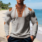 Herren lässiges Langarm-Henley-Shirt mit ausgefallenem Schnürdesign und kontrastrierenden Ellenbogen-Patches R&B