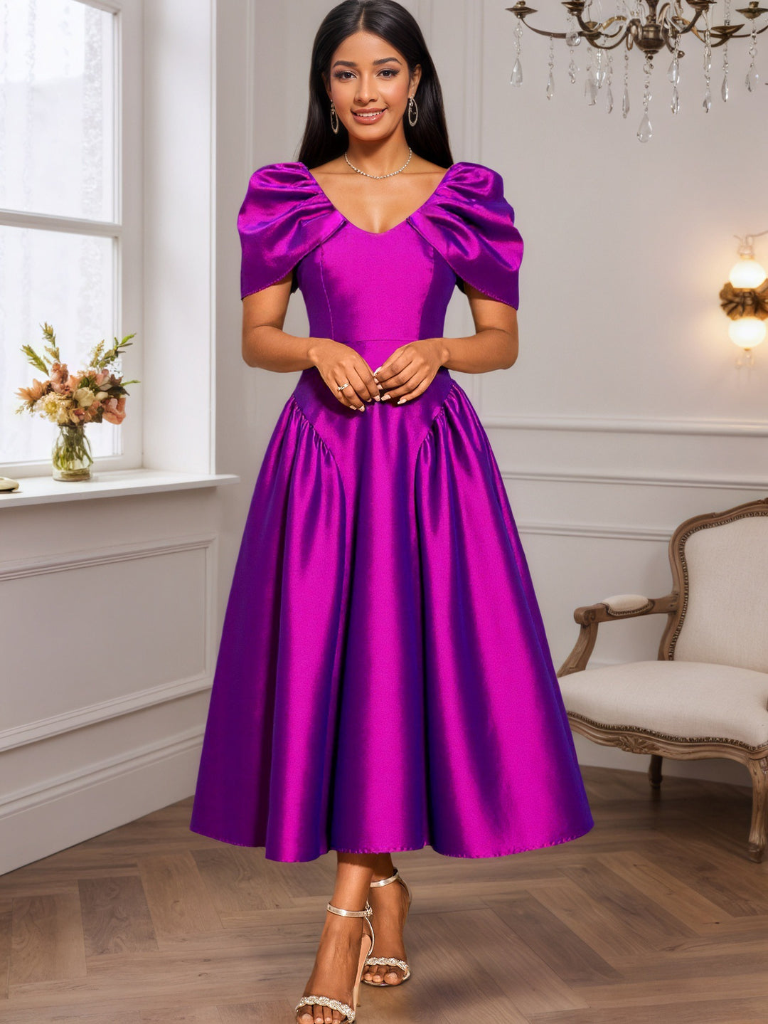 Damen Elegantes Satin Abendkleid mit voluminösen Puffärmeln R&B