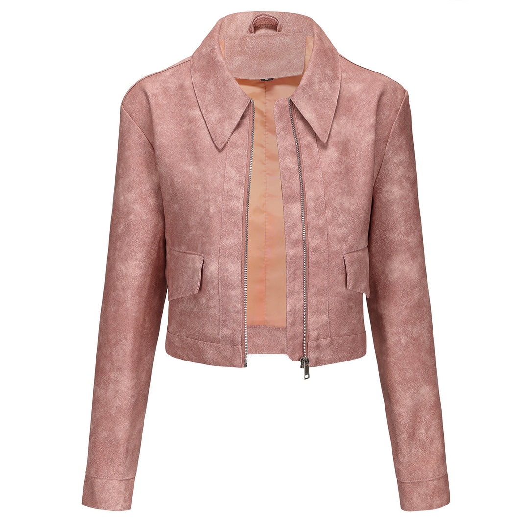 Damen modische cropped Kunstlederjacke mit klassischem Wellenkragen R&B