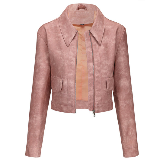 Damen modische cropped Kunstlederjacke mit klassischem Wellenkragen R&B