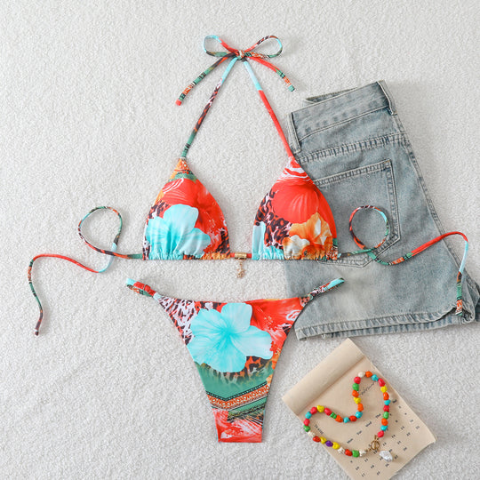 Damen Triangel-Bikini mit verspieltem Muster und verstellbaren Trägern R&B