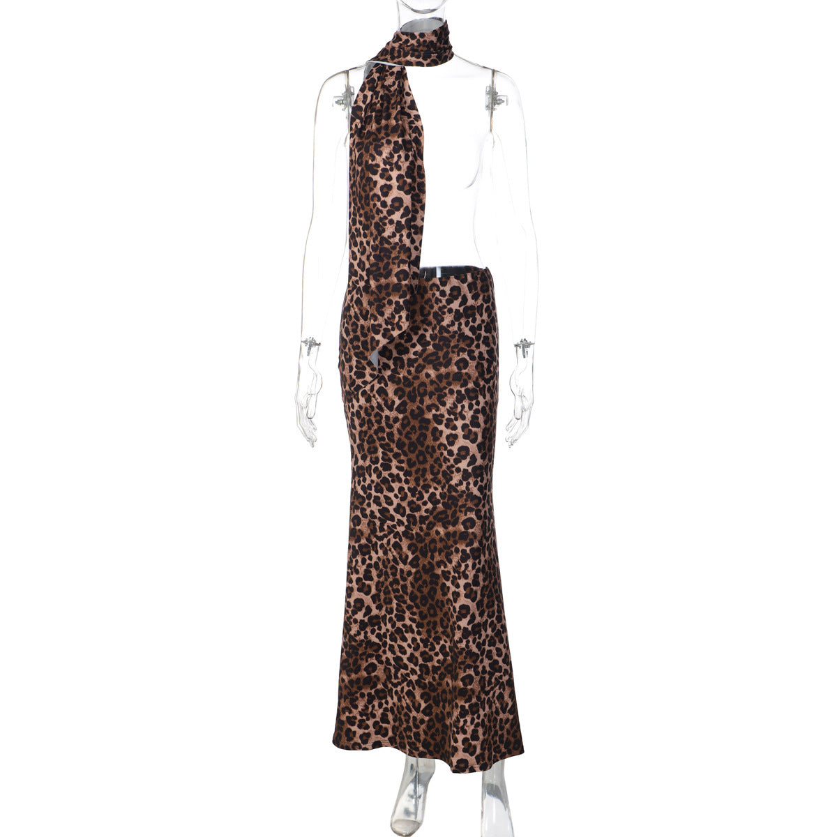 Damen Maxikleid mit trendigem Leopardenmuster und schickem Schal R&B
