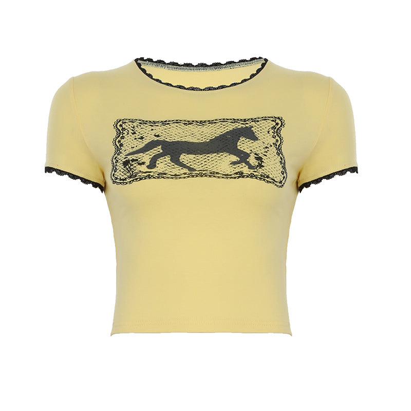 Damen Crop-T-Shirt mit raffinierter Spitzenverzierung und grafischem Print R&B