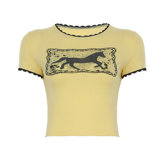 Damen Crop-T-Shirt mit raffinierter Spitzenverzierung und grafischem Print R&B