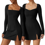 Damen elegantes Minikleid mit tiefem Herzausschnitt und langen Ärmeln