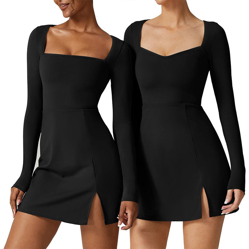 Damen elegantes Minikleid mit tiefem Herzausschnitt und langen Ärmeln