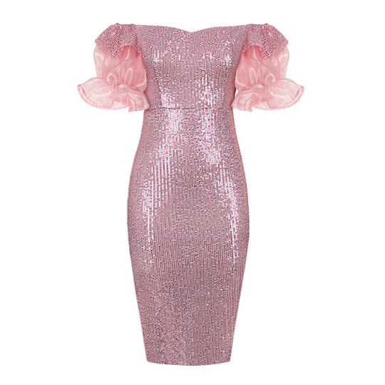 Damen glamouröses Abendkleid mit Glitzer und transparenten Puffärmeln R&B