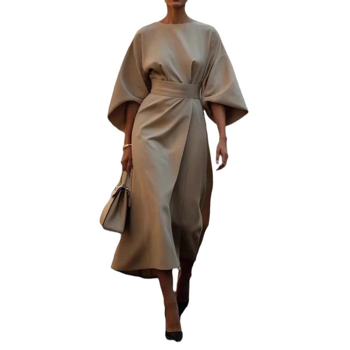 Damen Elegant geschnittenes Maxikleid mit Puffärmeln und tailliertem Gürtel R&B