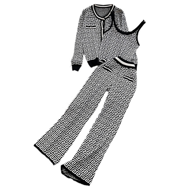 Damen modisches Strick-Loungewear-Set mit geometrischem Muster und Cardigan R&B