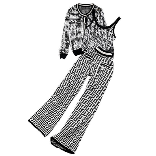 Damen modisches Strick-Loungewear-Set mit geometrischem Muster und Cardigan R&B