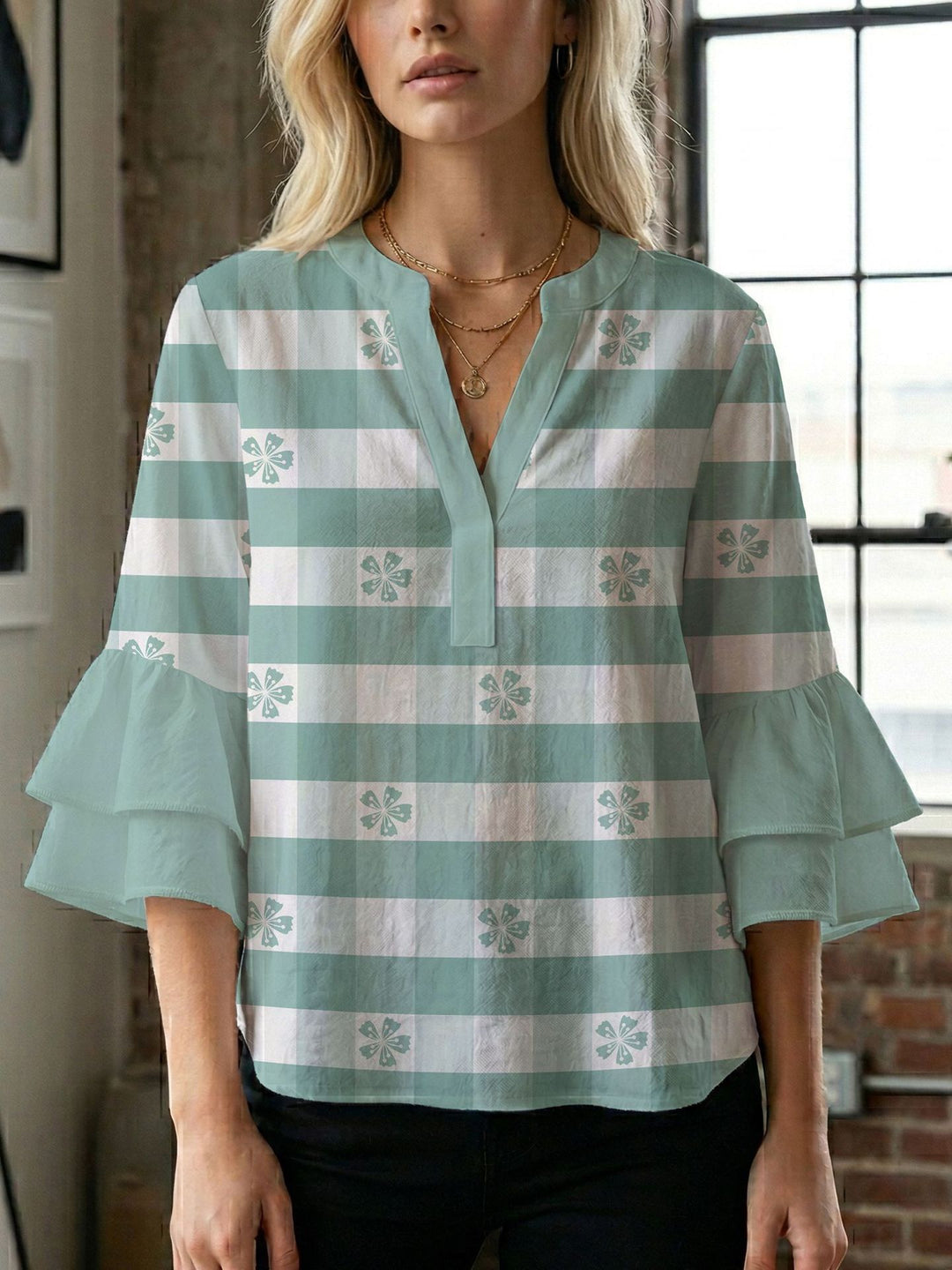 Damen Blusenshirt mit voluminösen Ärmeln und kreativem Druckdesign R&B