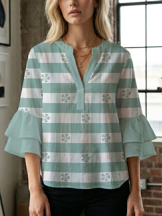 Damen Blusenshirt mit voluminösen Ärmeln und kreativem Druckdesign R&B