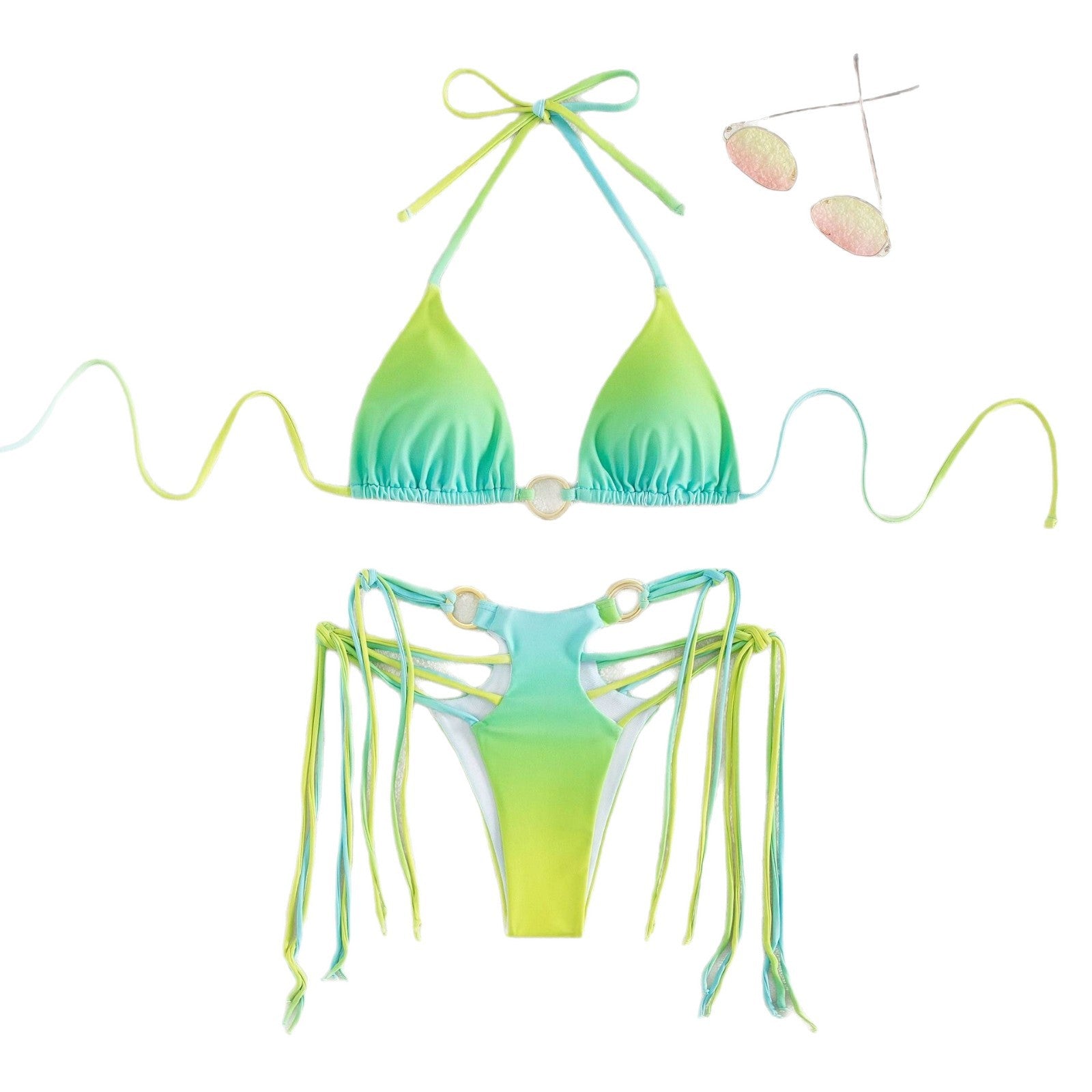 Damen Triangel-Bikini mit modischen Schnüroptik und schimmernden Ringdetails R&B