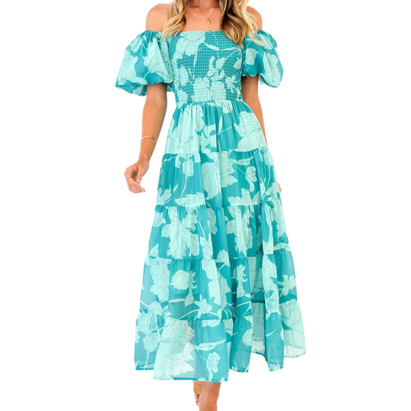 Damen Maxikleid mit elastischem Bustier und voluminösen Puffärmeln R&B