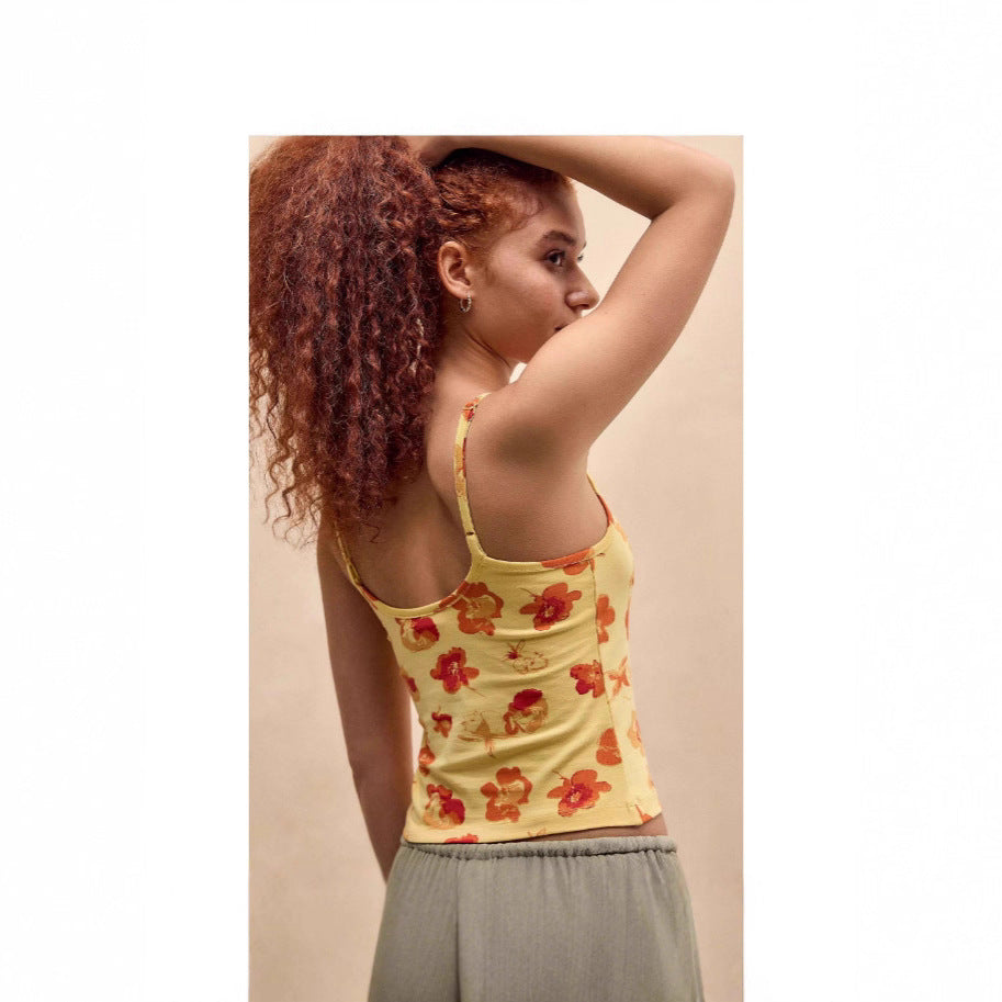 Damen florales Spaghetti-Top mit Spitzenrand R&B