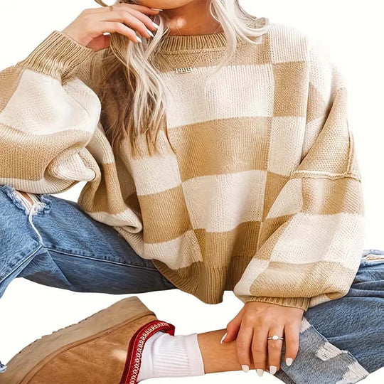 Damen lässiger kariert Pullover mit weiten Ärmeln und Rundhalsausschnitt R&B