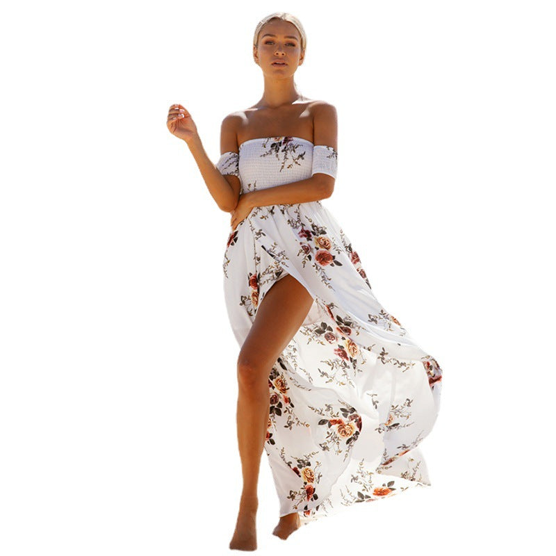 Damen Off-Shoulder Strandkleid mit floralem Muster und fließendem Schnitt R&B