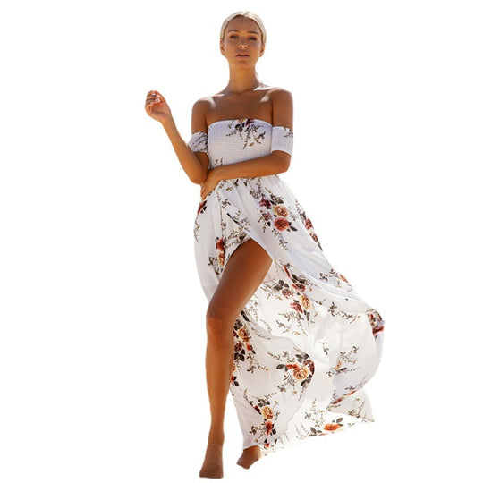 Damen Off-Shoulder Strandkleid mit floralem Muster und fließendem Schnitt R&B